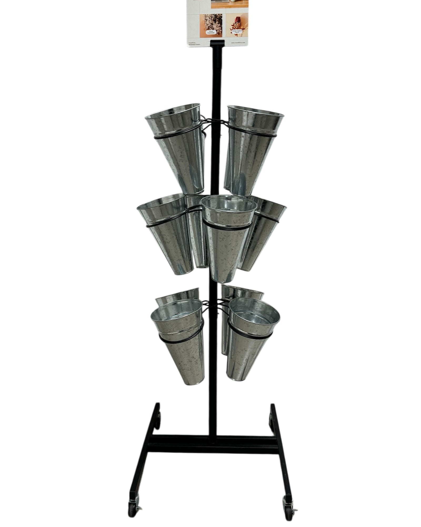 Drehbarer Blumenstaender mit 12 Metall-Eimern und stabilem Metallgestell auf Rollen - Metall 1
