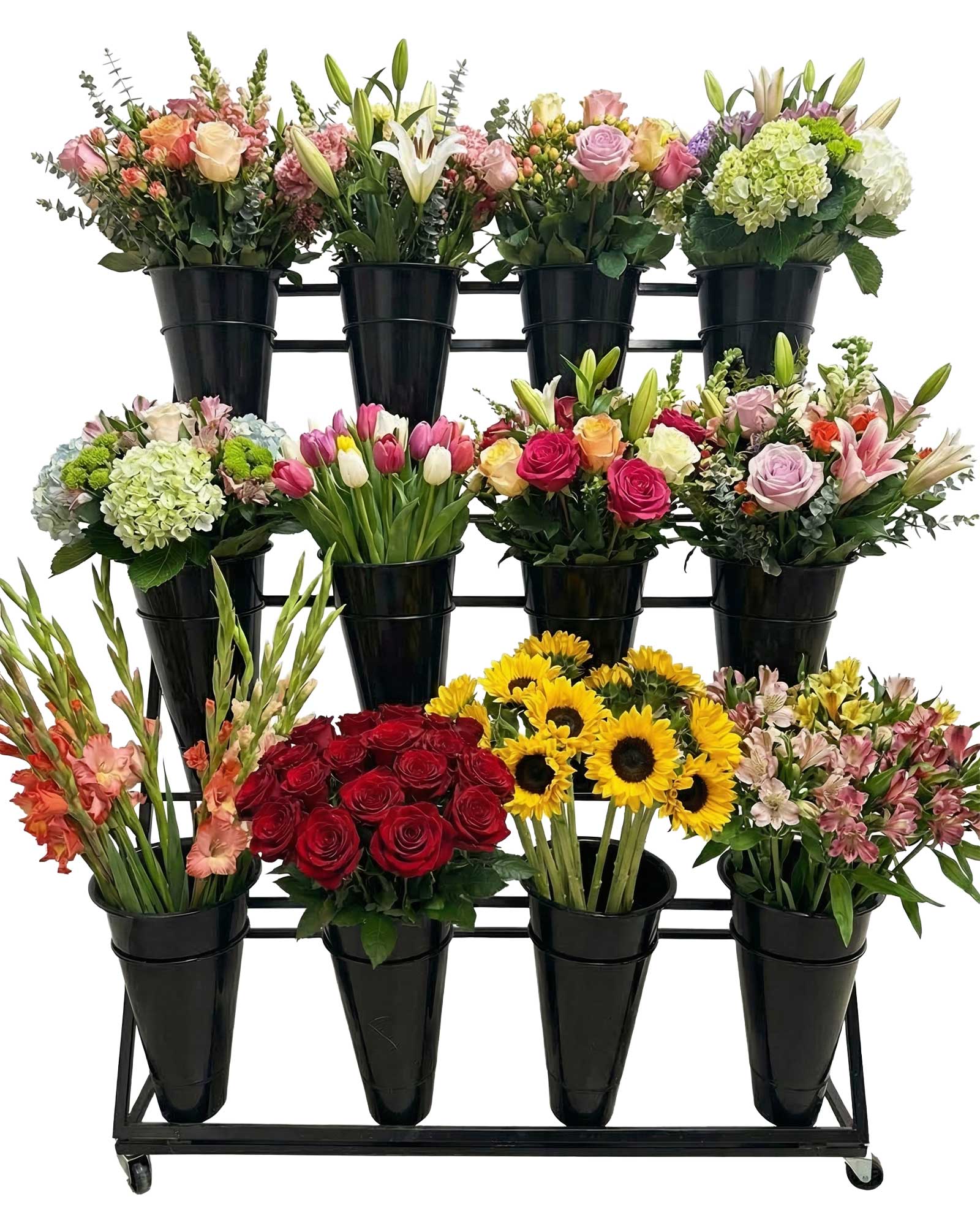 Blumenständer mit 12 Eimern gefüllt mit frischen Blumensträussen – perfekte Präsentation im Blumenladen
