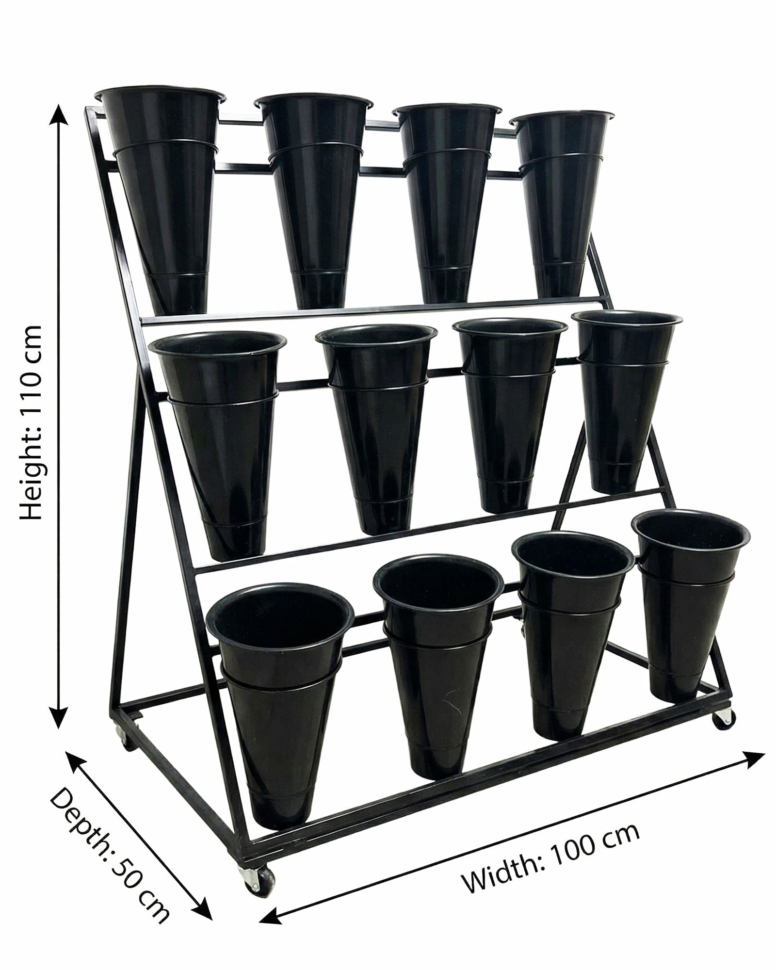 Blumenständer Florist mit 12 Eimern in Schwarz – Masse 100 cm Breite, 110 cm Höhe, 50 cm Tiefe, ideal für Blumenladen und Präsentation
