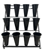 Schwarzer Blumenständer mit 12 grossen Eimern – stabile Metallkonstruktion für Floristen und Blumenverkauf