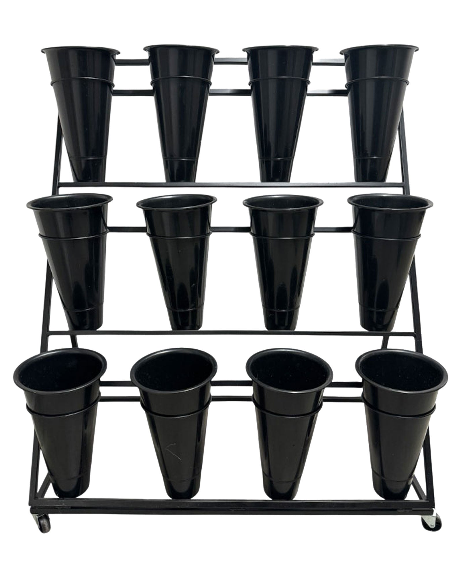 Schwarzer Blumenständer mit 12 grossen Eimern – stabile Metallkonstruktion für Floristen und Blumenverkauf