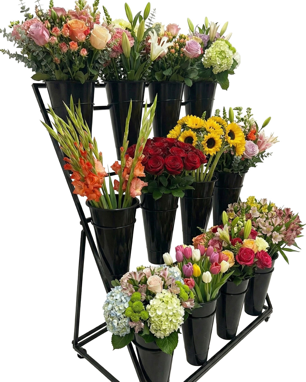 Blumenständer mit 12 Eimern in Seitenansicht – dekoriert mit frischen Blumen für optimale Präsentation
