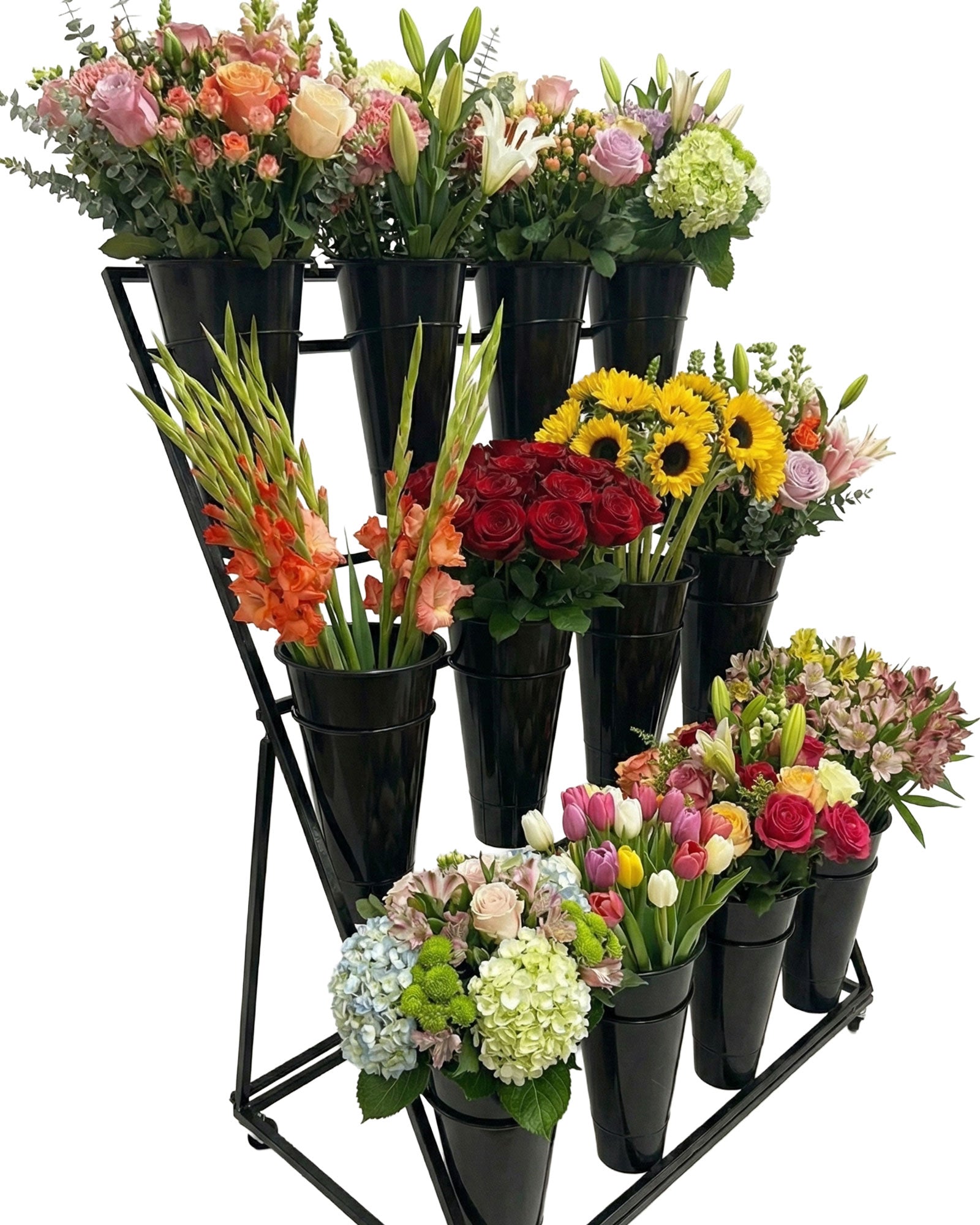Blumenständer mit 12 Eimern in Seitenansicht – dekoriert mit frischen Blumen für optimale Präsentation