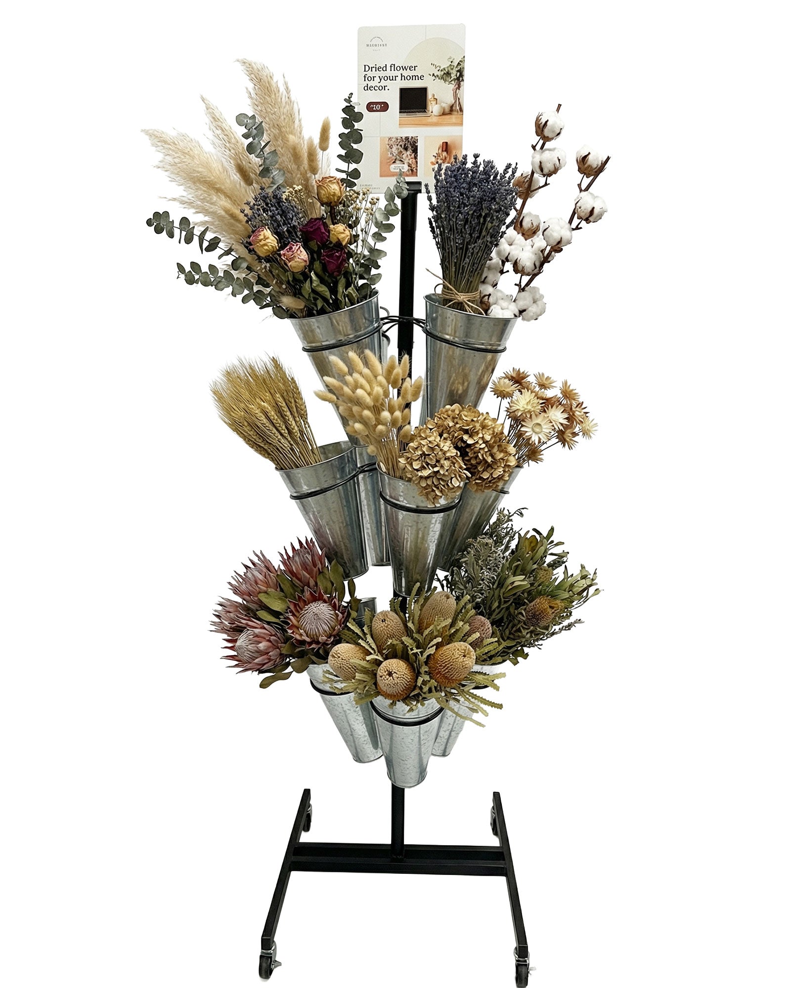 360 Grad drehbarer Blumenstaender mit 12 Metall-Eimern gefuellt mit Trockenblumen – ideal für Verkauf und Dekoration - Metall 2