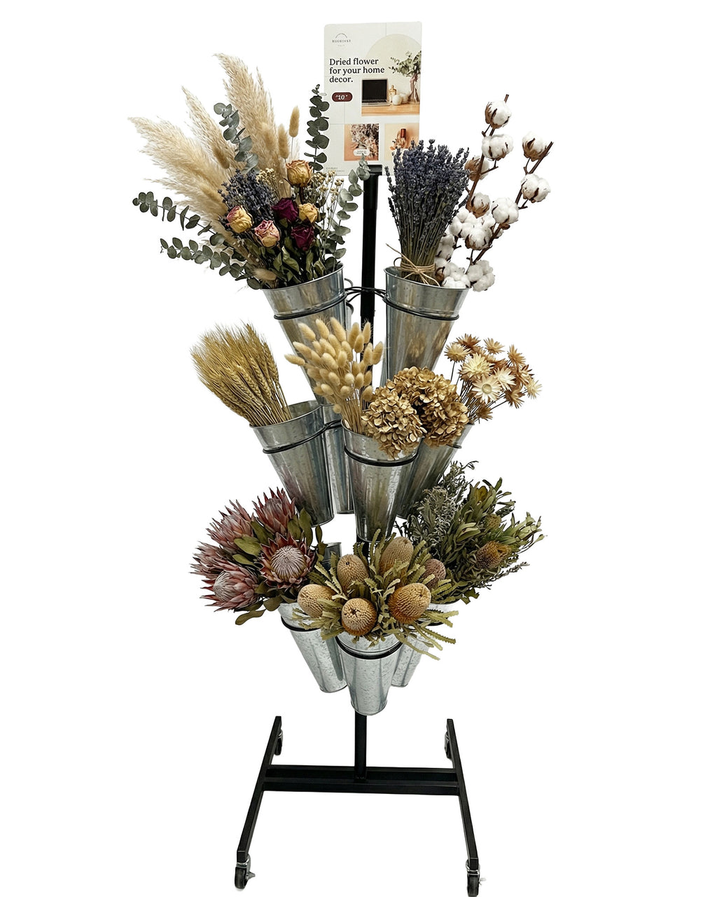 360 Grad drehbarer Blumenstaender mit 12 Metall-Eimern gefuellt mit Trockenblumen – ideal für Verkauf und Dekoration - Metall 2