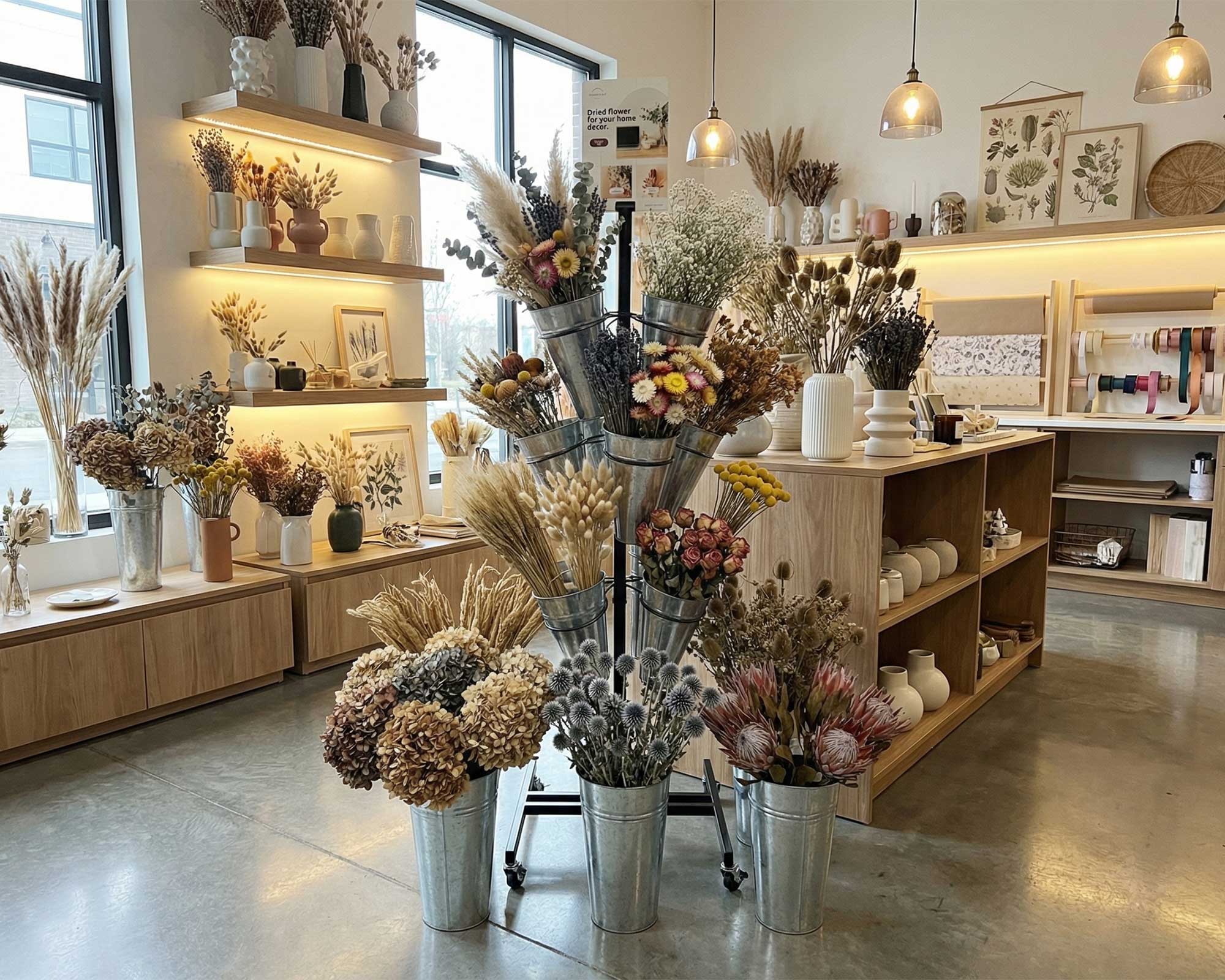 Drehbarer Blumenstaender mit 12 Metall-Eimern im Blumenladen mit Trockenblumen dekoriert – stilvolle Präsentationslösung - Metall 4