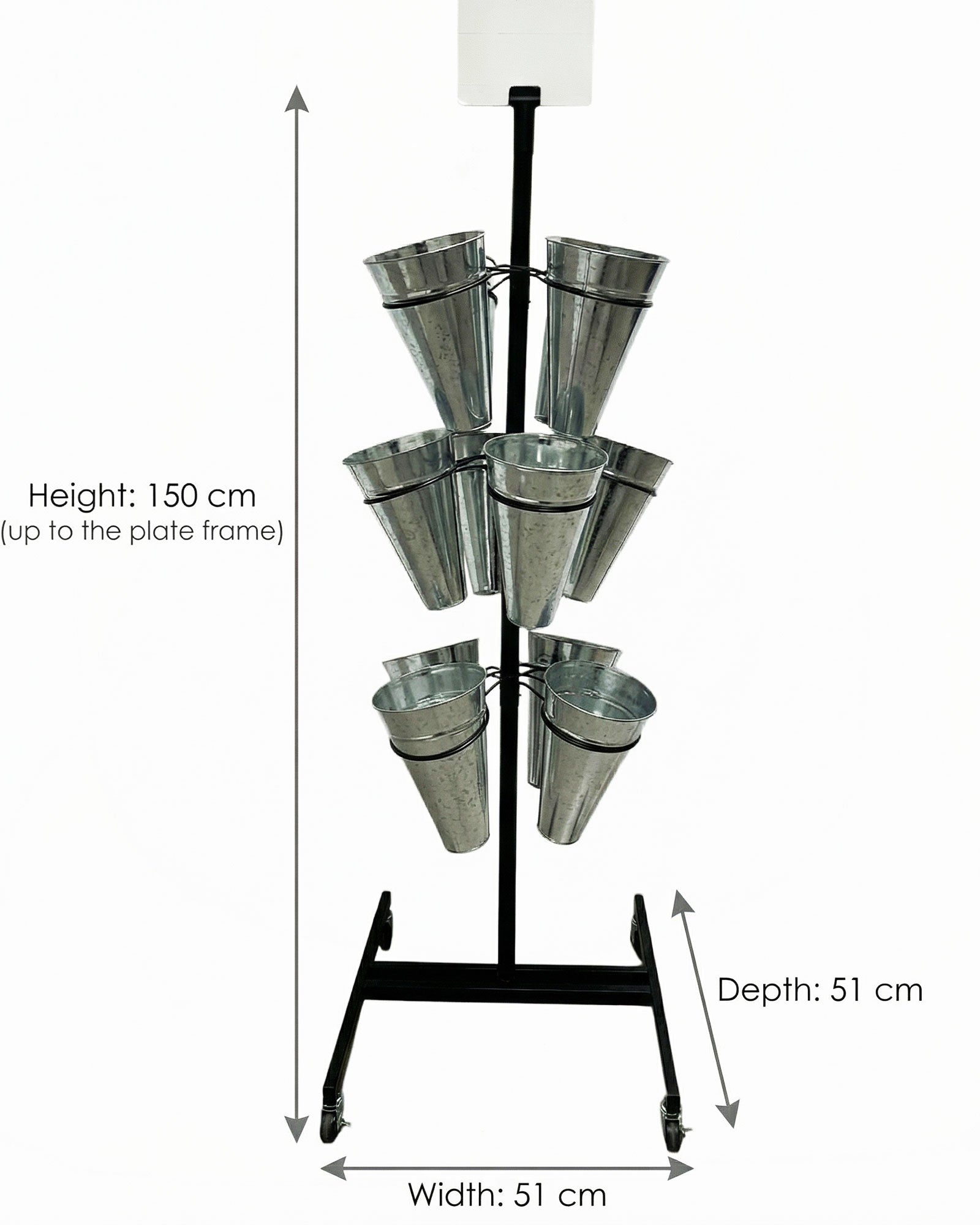 Drehbarer Blumenstaender mit 12 Metall-Eimern und Rollen – Höhe 150 cm, ideal für Blumenladen und Präsentation - Metall 5