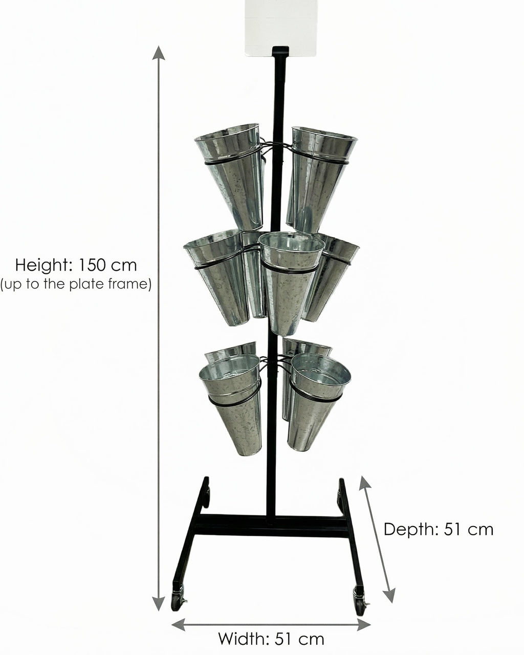Drehbarer Blumenstaender mit 12 Metall-Eimern und Rollen – Höhe 150 cm, ideal für Blumenladen und Präsentation - Metall 5