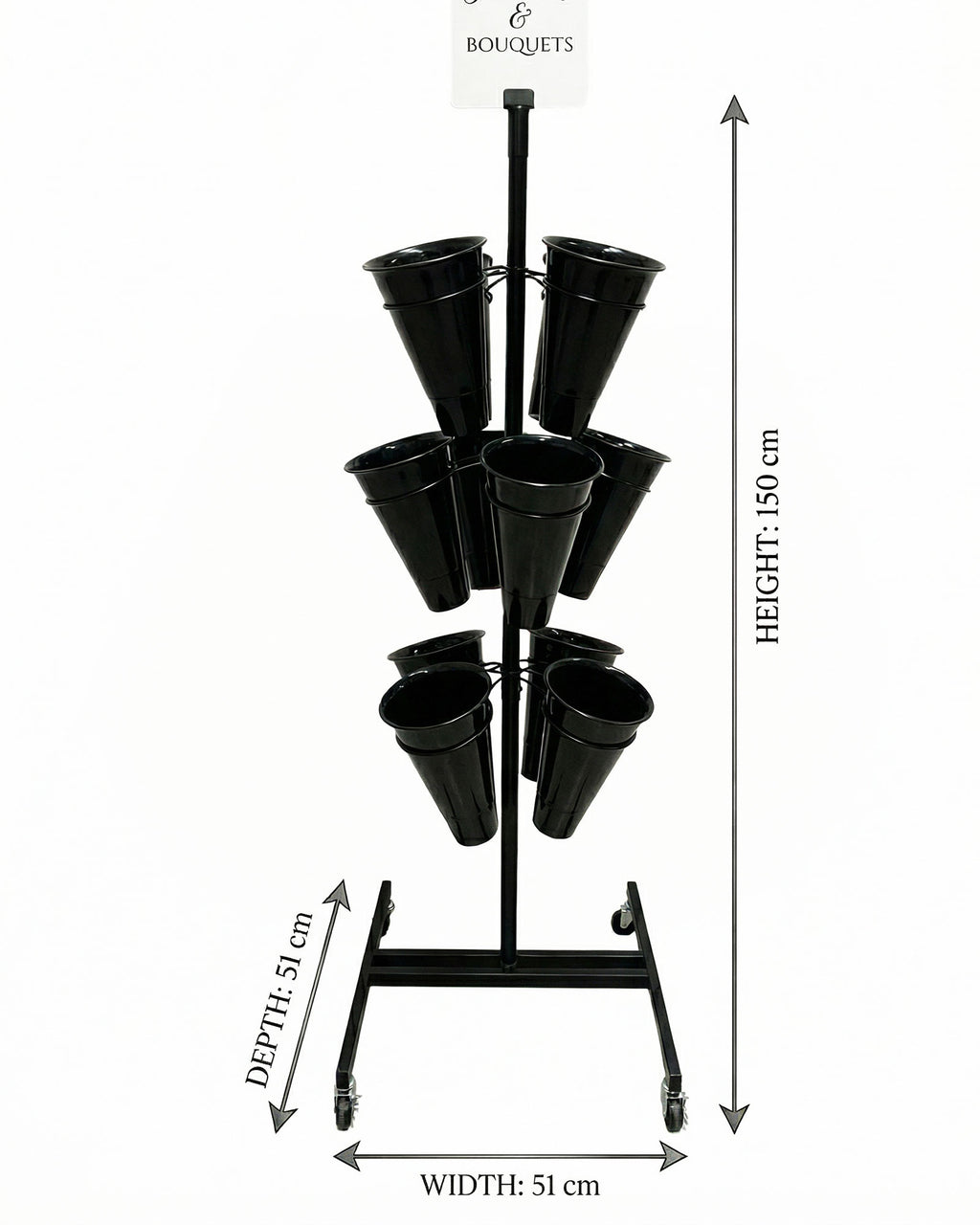 Drehbarer Blumenstaender mit 12 schwarzen Kunststoff-Eimern und Rollen – Höhe 150 cm, ideal für Floristik und Blumenverkauf - Kunststoff 4
