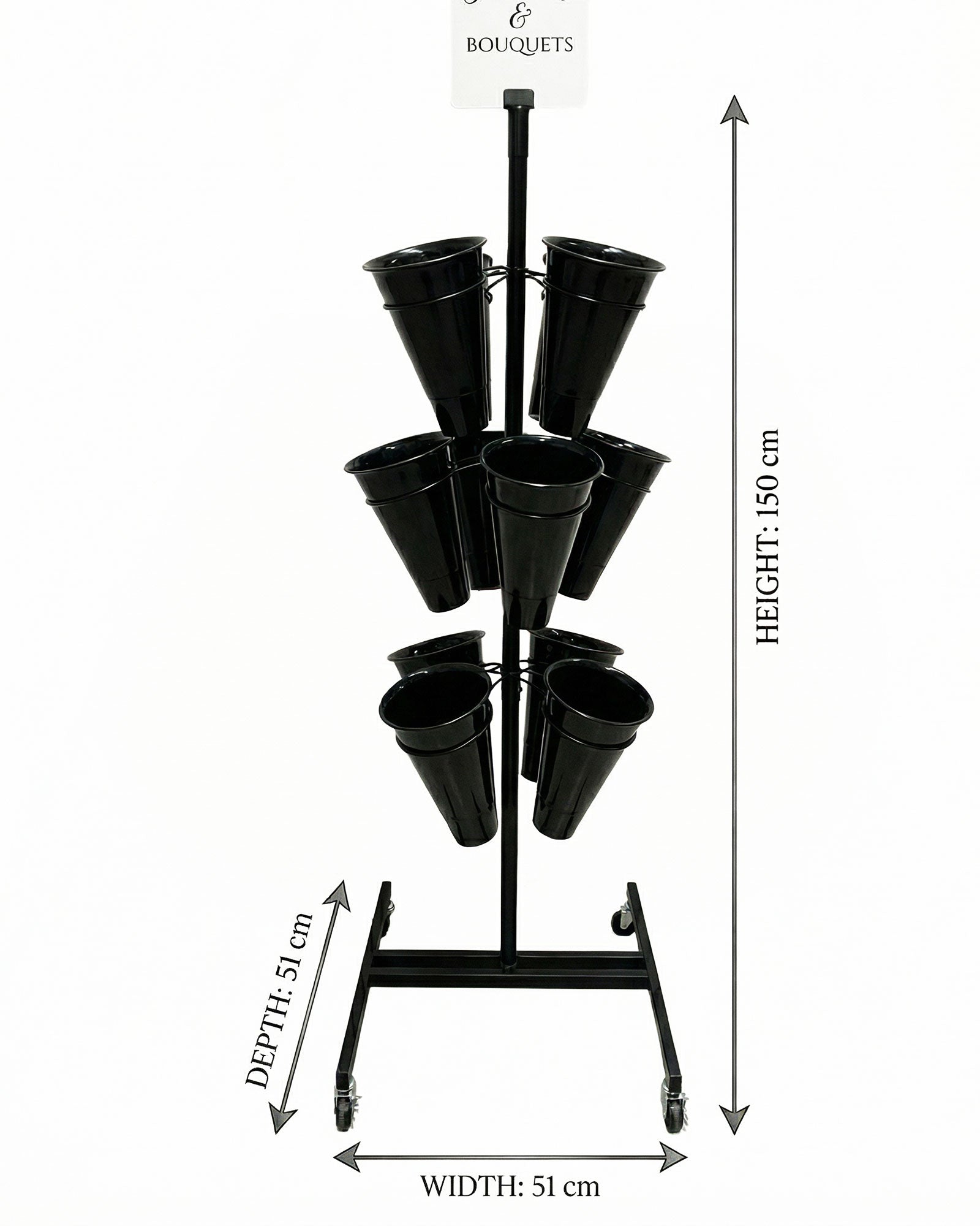 Drehbarer Blumenstaender mit 12 schwarzen Kunststoff-Eimern und Rollen – Höhe 150 cm, ideal für Floristik und Blumenverkauf - Kunststoff 4