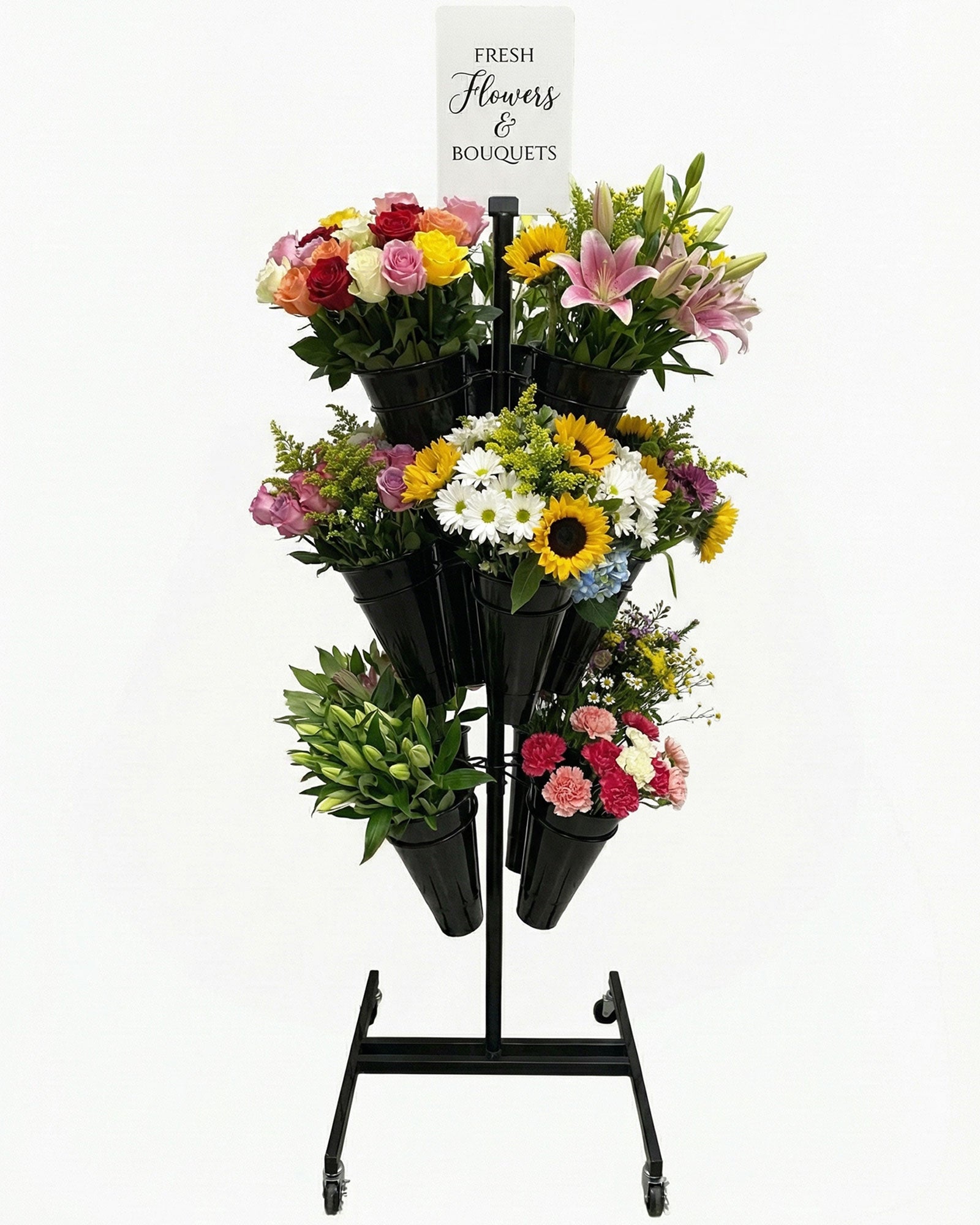 Drehbarer Blumenstaender mit 12 schwarzen Kunststoff-Eimern gefuellt mit Blumenstraeussen – ideal für Verkauf und Präsentation - Kunststoff 2