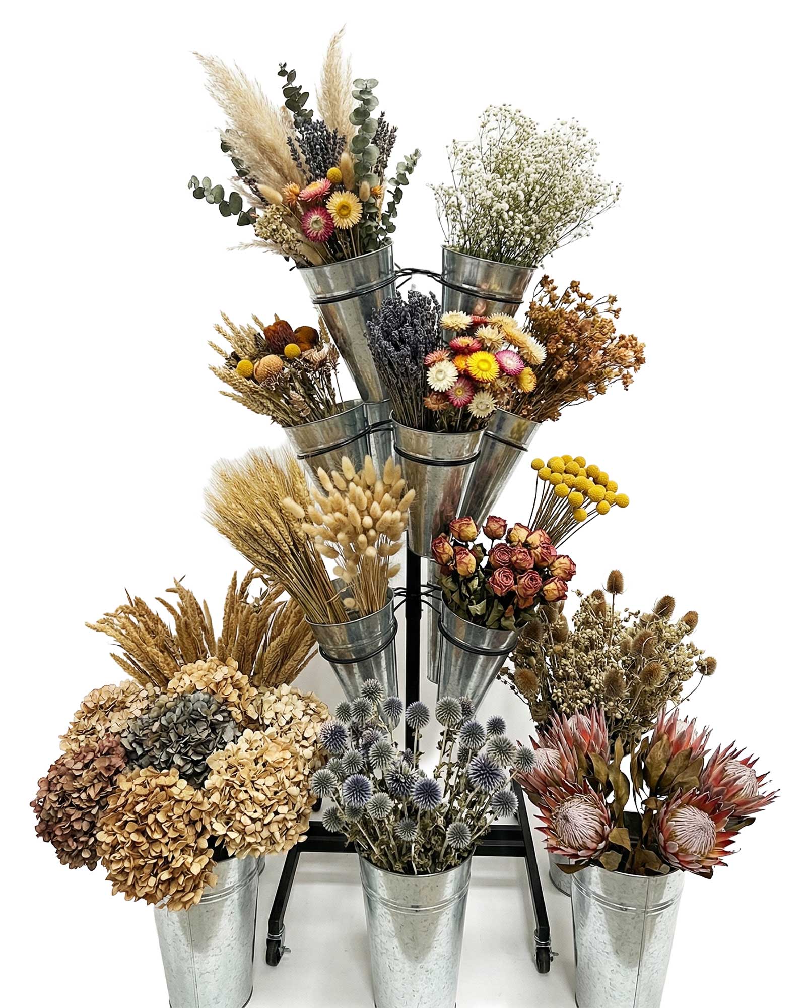 Blumenstaender aus Metall mit 12 Eimern bestueckt mit Trockenblumen – perfekt für Floristik und Schaufenster - Metall 3