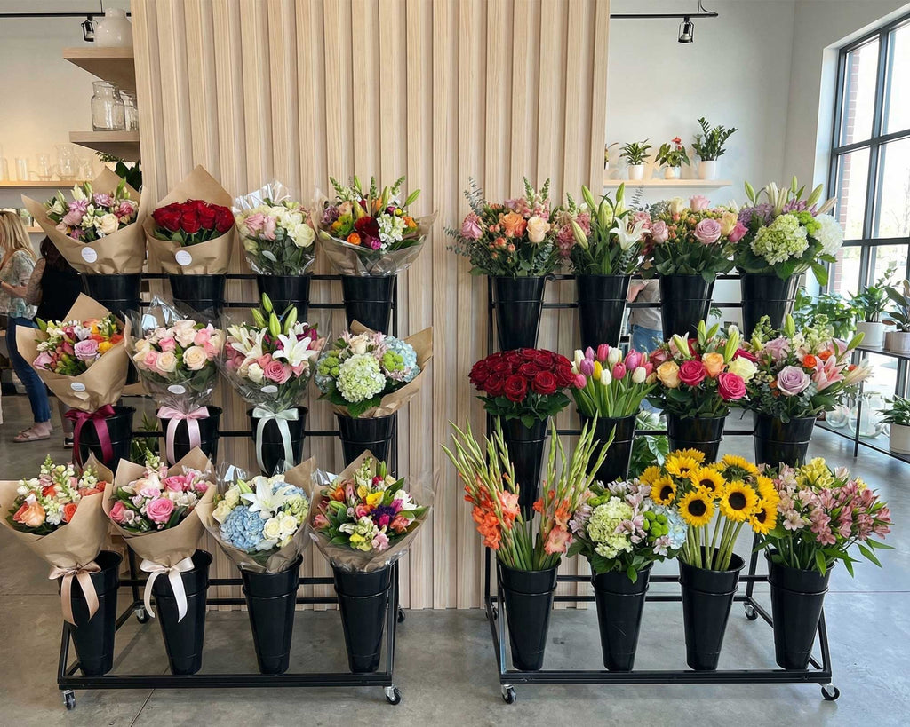 Professioneller Blumenständer im Blumenladen mit 12 Eimern – ideal für Verkaufsfläche und Kundenpräsentation