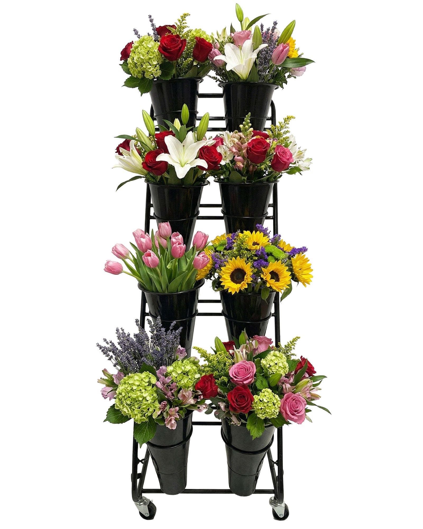 Blumenständer Kunststoff mit 8 Eimern befüllt mit Frischblumen für Verkauf und Präsentation - Kunststoff 2