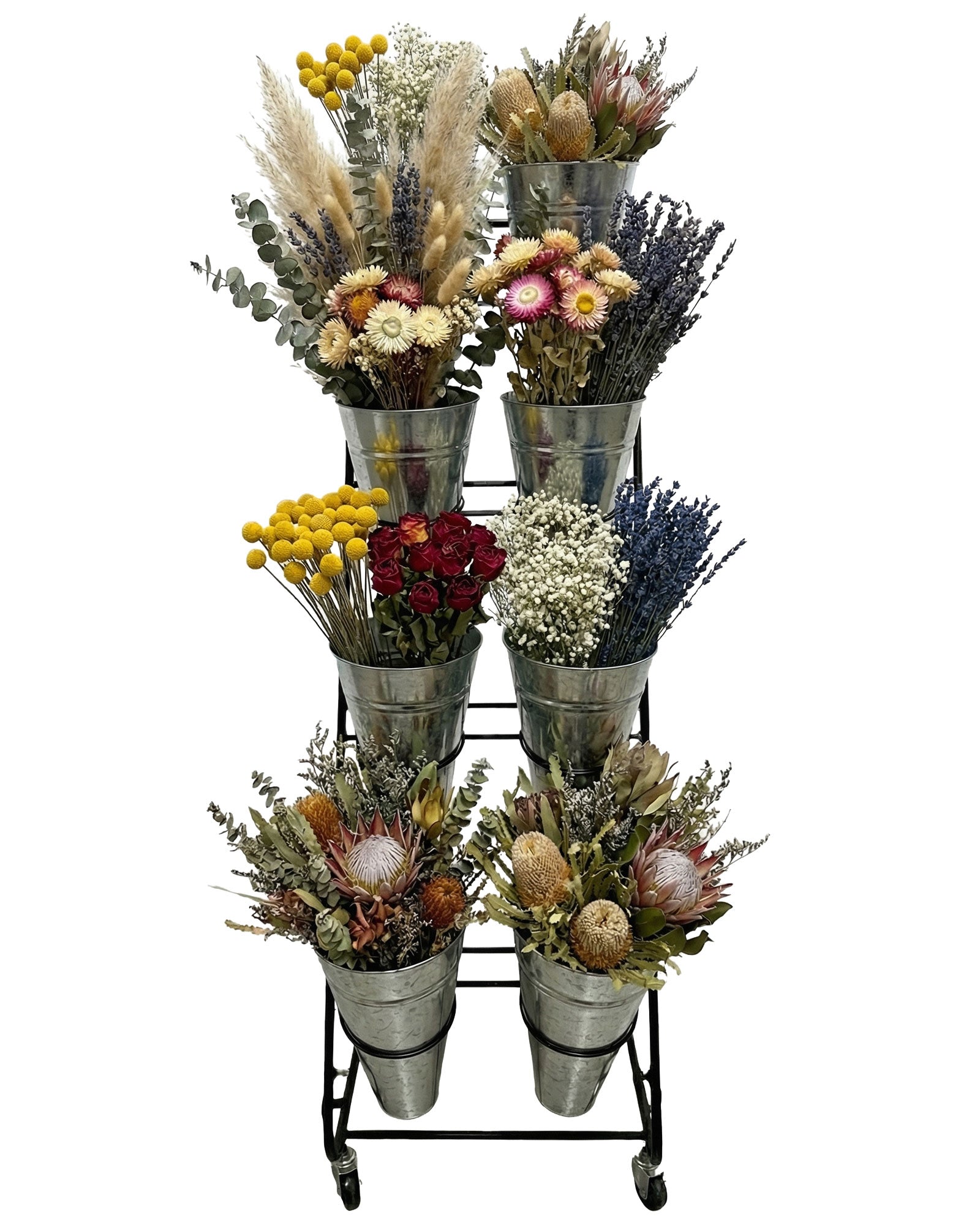 Blumenständer Metall mit 8 Eimern befüllt mit Trockenblumen für Floristik und Verkauf - Metall 2