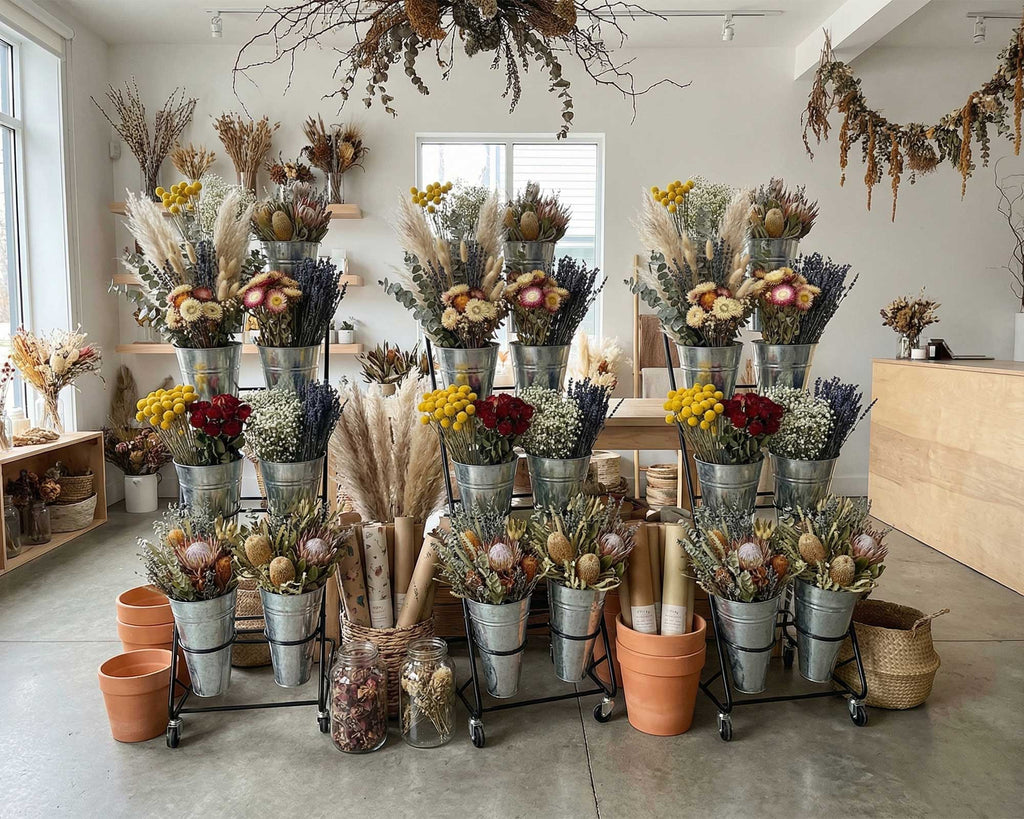 Blumenständer Metall mit 8 Eimern im Shop zur Präsentation von Trockenblumen und Dekoration - Metall 3